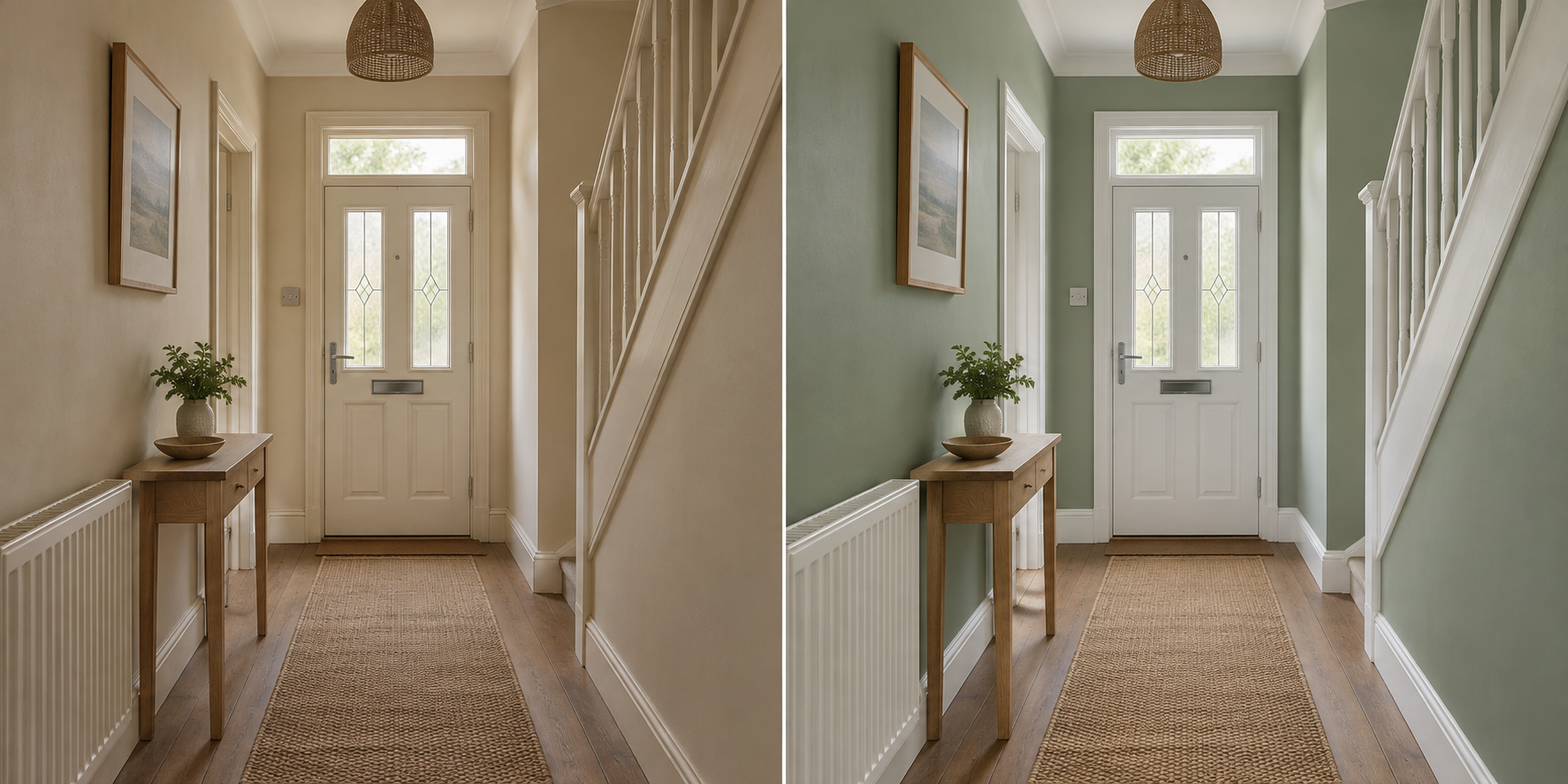 Generated illustrative hallway repainting comparison — not an actual customer project