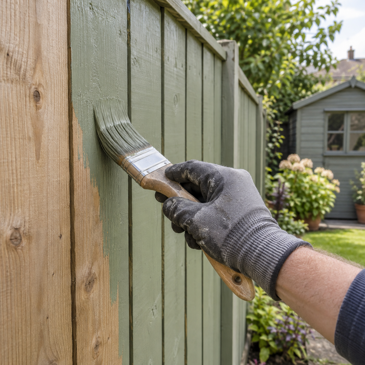 Generated illustrative fence and shed painting scene — not customer evidence