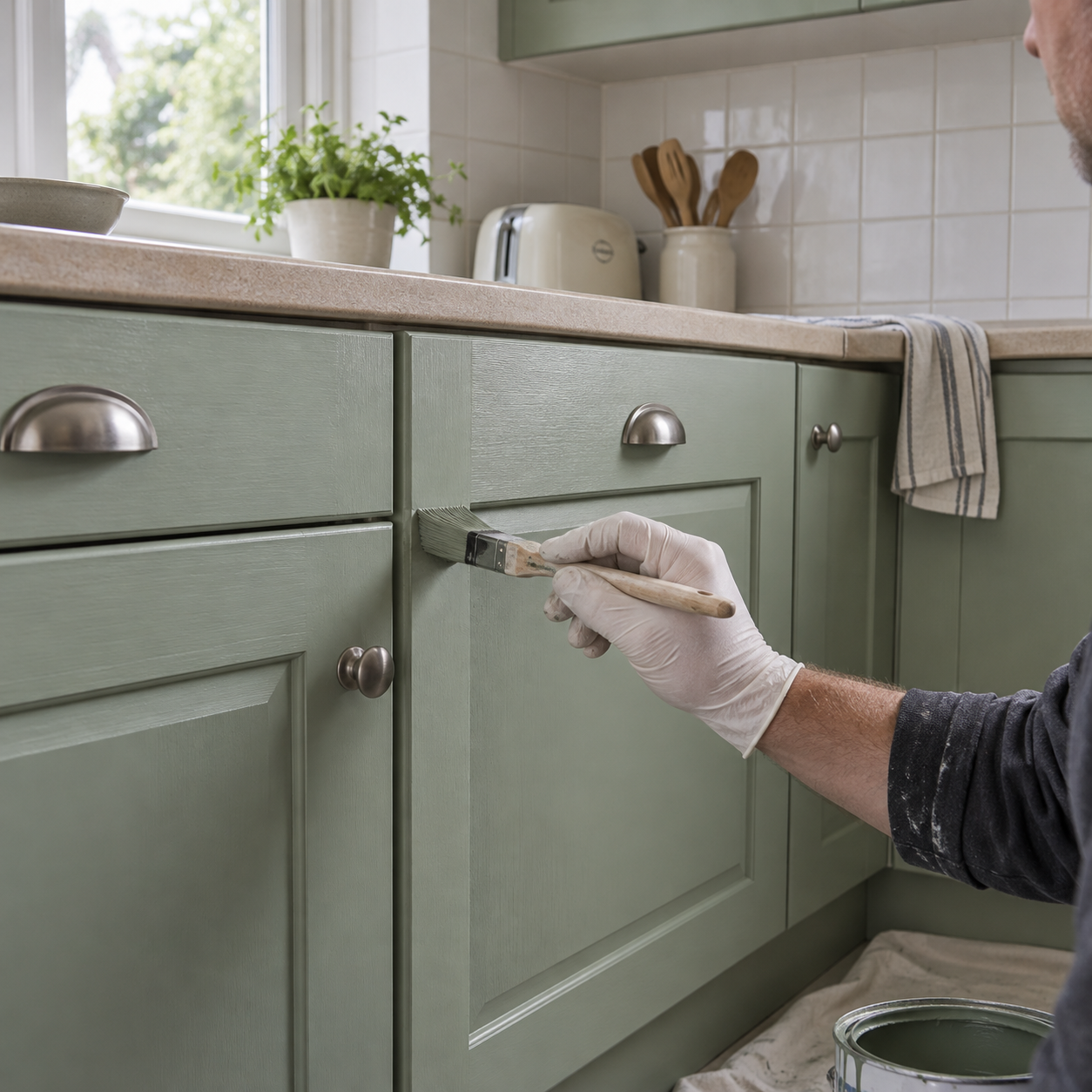 Generated illustrative existing kitchen cabinet repainting scene — not customer evidence